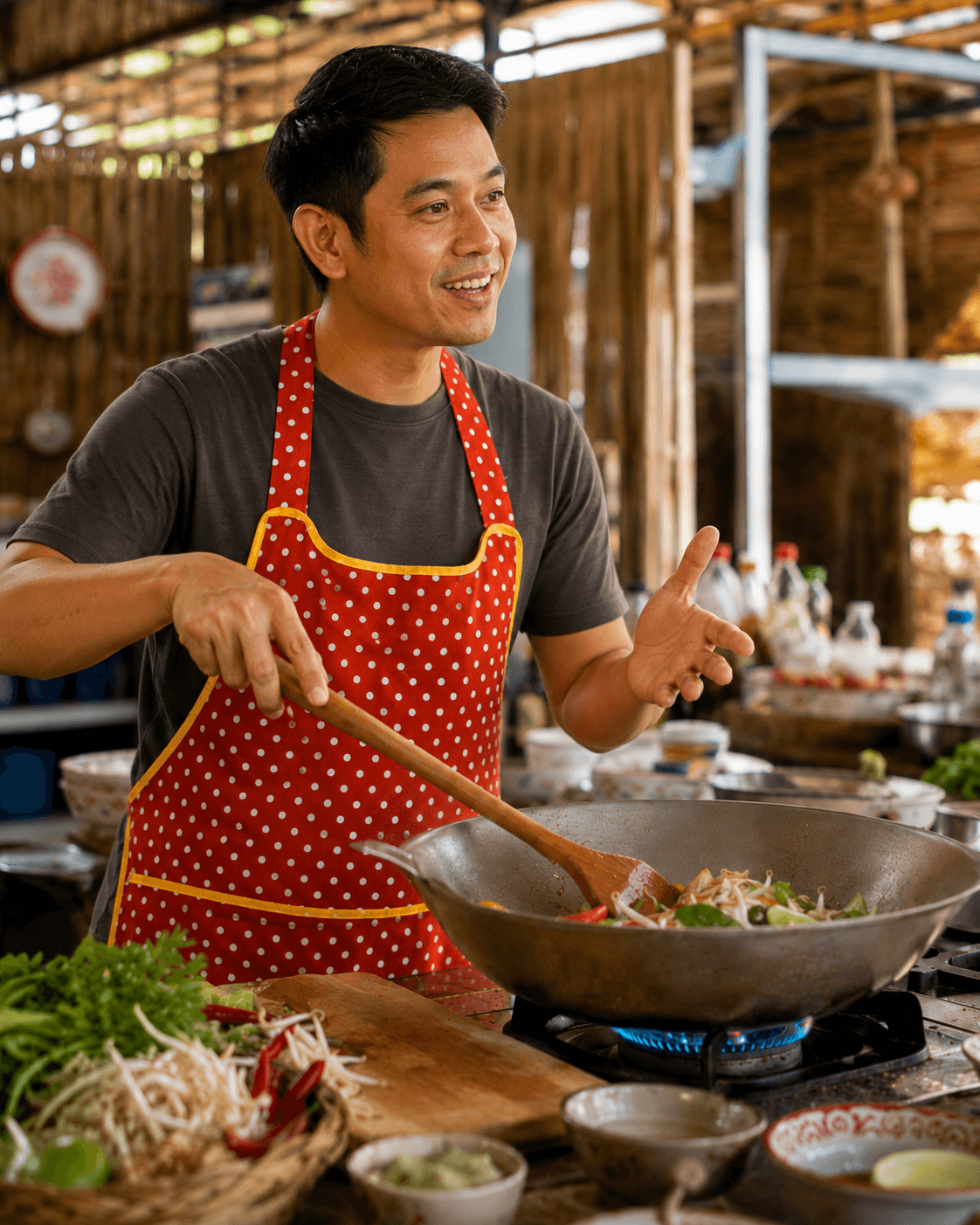 Thai cooking instructor preparing food in a wok