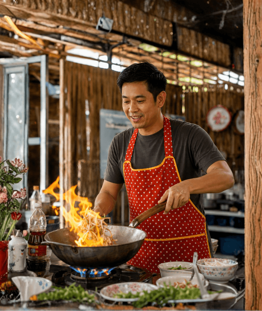 Wok flames during a Thai cooking class