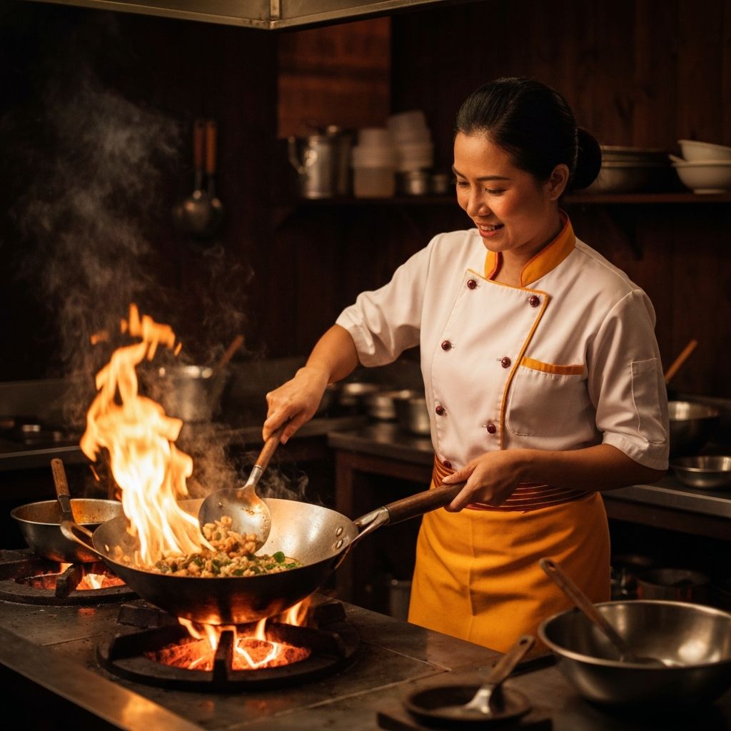 Thai cooking instructor preparing food in a wok