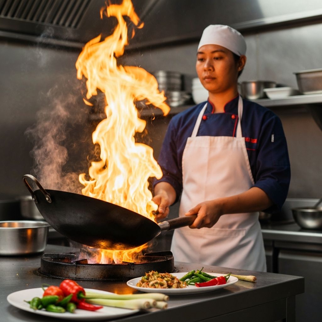 Wok flames during a Thai cooking class